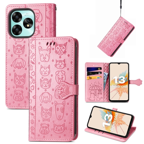

For UMIDIGI A15 Cat and Dog Embossed Leather Phone Case(Pink)