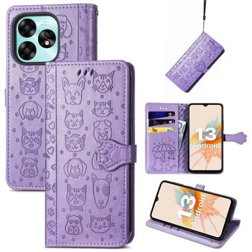 

For UMIDIGI A15 Cat and Dog Embossed Leather Phone Case(Purple)