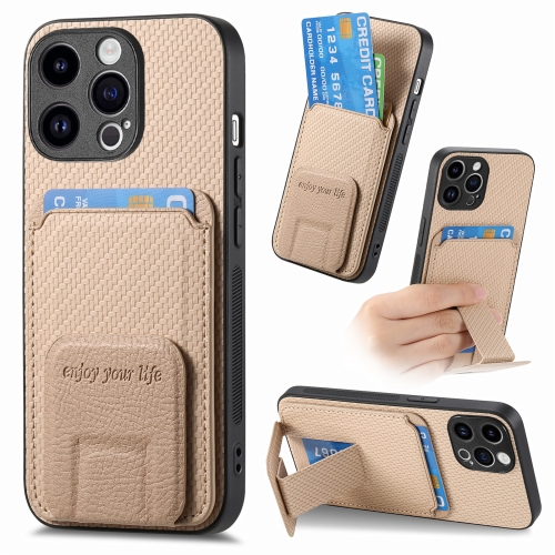 

For iPhone 13 Pro Max Carbon Fiber Card Bag Fold Stand Phone Case(Khaki)