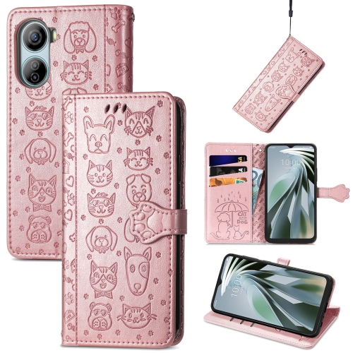 

For ZTE Libero 5G IV Cat and Dog Embossed Leather Phone Case(Rose Gold)