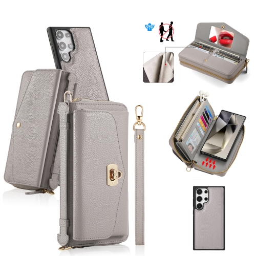 

For Samsung Galaxy S24 5G Crossbody Multi-functional Zipper Wallet Litchi Leather Phone Case(Grey)