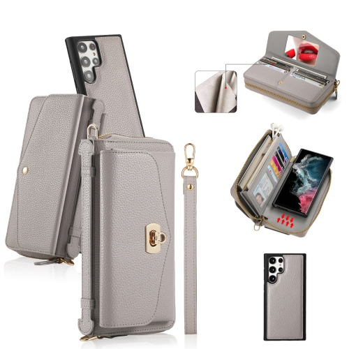 

For Samsung Galaxy S22 Ultra 5G Crossbody Multi-functional Zipper Wallet Litchi Leather Phone Case(Grey)