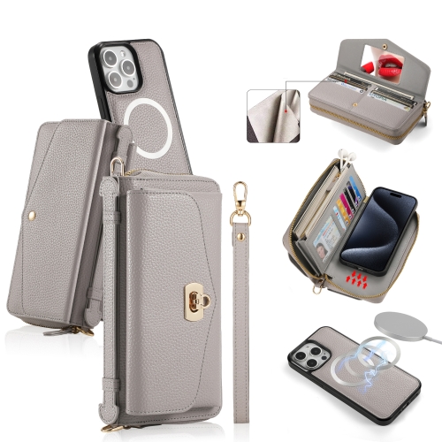 

For iPhone 15 Pro MagSafe Crossbody Multi-functional Zipper Wallet Litchi Leather Phone Case(Grey)