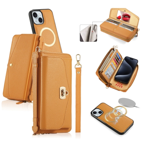 

For iPhone 15 Plus MagSafe Crossbody Multi-functional Zipper Wallet Litchi Leather Phone Case(Orange)