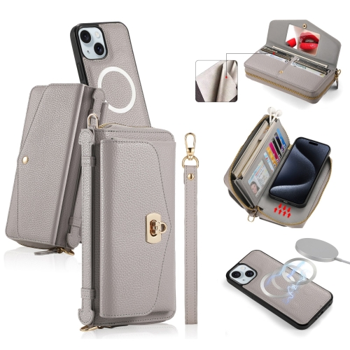 

For iPhone 15 Plus MagSafe Crossbody Multi-functional Zipper Wallet Litchi Leather Phone Case(Grey)