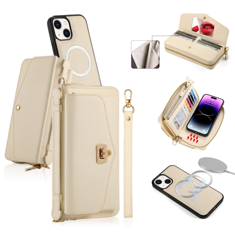 For iPhone 14 MagSafe Crossbody Multi-functional Zipper Wallet Litchi Leather Phone Case(White) 
For iPhone 14 MagSafe Crossbody Multi-functional Zipper Wallet Litchi Leather Phone Case(White)