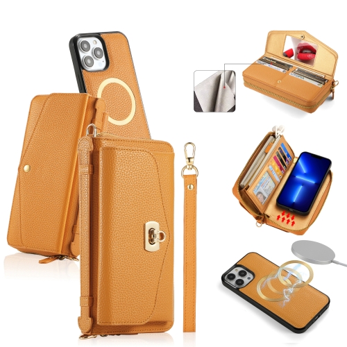 

For iPhone 13 Pro Max MagSafe Crossbody Multi-functional Zipper Wallet Litchi Leather Phone Case(Orange)