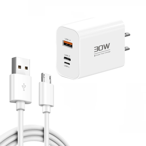 

PD30W USB-C / Type-C + 8 Pin + USB Charger with USB to Micro USB Data Cable(US Plug)
