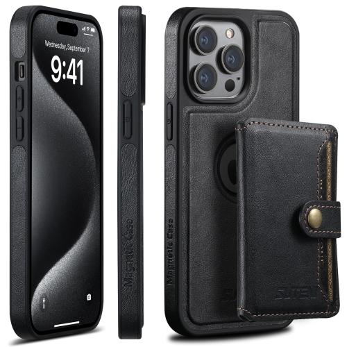 

For iPhone 15 Pro Suteni M1 Oil Wax MagSafe Detachable Horizontal Card Bag Phone Case(Black)