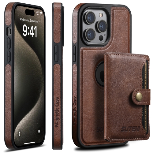 

For iPhone 14 Suteni M1 Oil Wax MagSafe Detachable Horizontal Card Bag Phone Case(Brown)