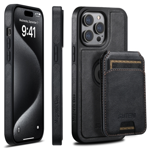 

For iPhone 15 Pro Max Suteni M2 Oil Wax MagSafe Horizontal Card Bag Phone Case(Black)