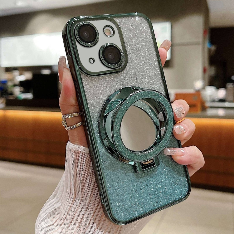 For iPhone 15 Plus Plated Mirror Holder Gradient Glitter MagSafe Phone Case(Green)
For iPhone 15 Plus Plated Mirror Holder Gradient Glitter MagSafe Phone Case(Green)