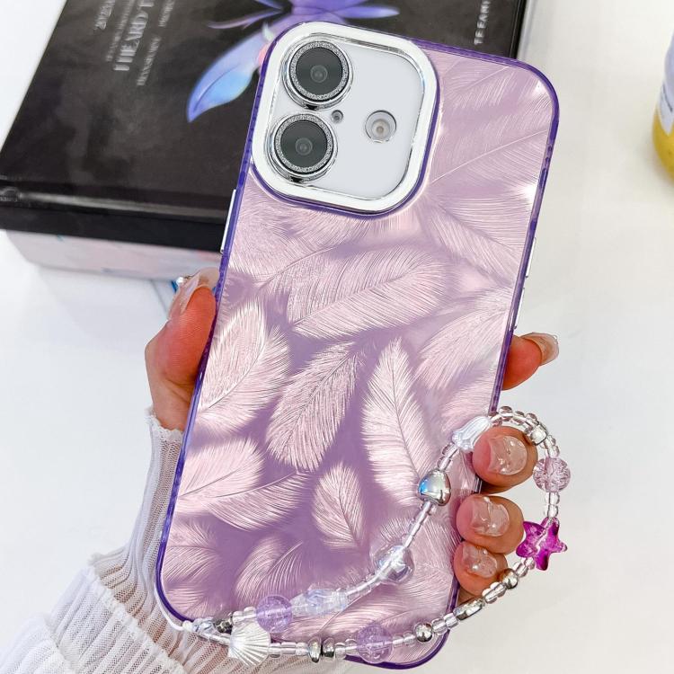For iPhone 16 Plating Glitter Texture Chain Wristband TPU Phone Case with Lens Film(Purple Feathers)
For iPhone 16 Plating Glitter Texture Chain Wristband TPU Phone Case with Lens Film(Purple Feathers)