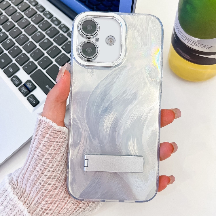 For iPhone 16 Plating Glitter Texture Fold Holder TPU Phone Case with Lens Film(White Feather Yarn)
For iPhone 16 Plating Glitter Texture Fold Holder TPU Phone Case with Lens Film(White Feather Yarn)