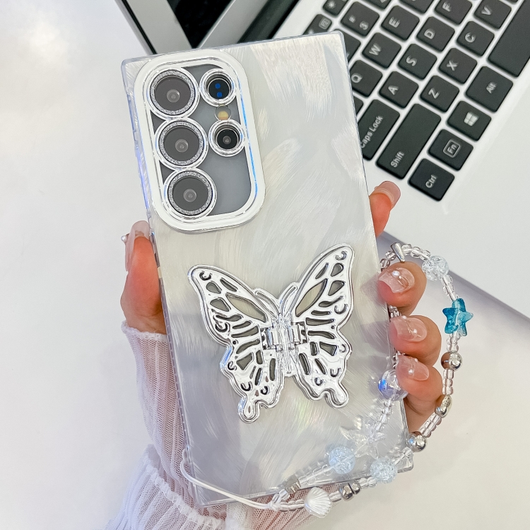 For Samsung Galaxy S25 Ultra 5G Plating Glitter Lens Film Texture Butterfly Holder Wristband Phone Case(White Feather Yarn)
For Samsung Galaxy S25 Ultra 5G Plating Glitter Lens Film Texture Butterfly Holder Wristband Phone Case(White Feather Yarn)