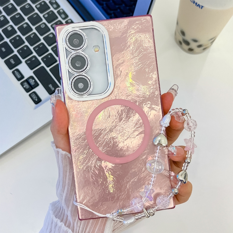 For Samsung Galaxy A54 5G Plating Texture Wristband MagSafe TPU Phone Case with Glitter Lens Film(Pink Tinfoil Texture)
For Samsung Galaxy A54 5G Plating Texture Wristband MagSafe TPU Phone Case with Glitter Lens Film(Pink Tinfoil Texture)