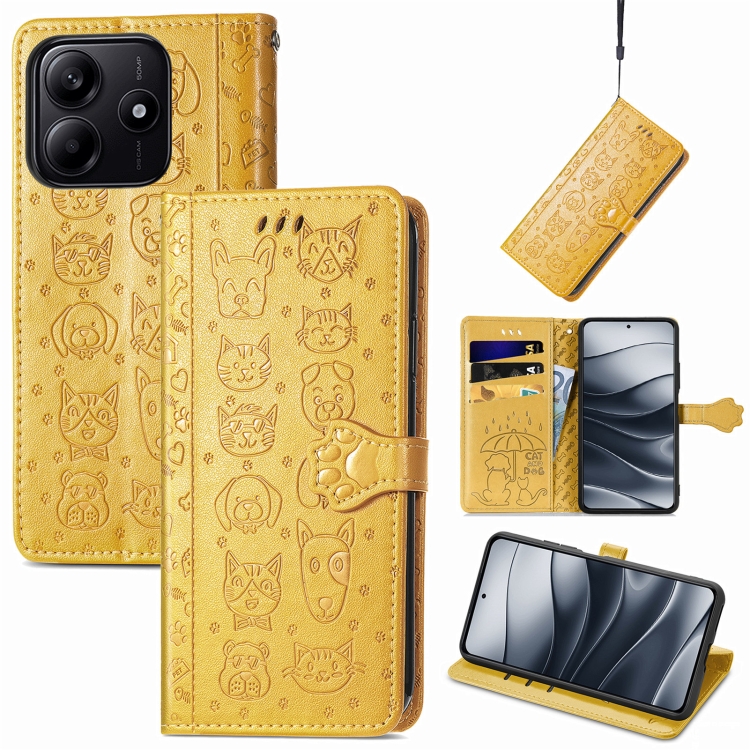 For Xiaomi Redmi Note 14 5G Cat and Dog Embossed Leather Phone Case(Yellow) 
For Xiaomi Redmi Note 14 5G Cat and Dog Embossed Leather Phone Case(Yellow)