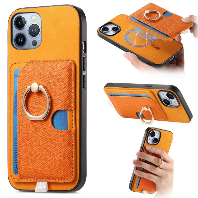 For iPhone 12 Pro Max Retro Cross Leather Ring Side Insert Card Bag MagSafe Phone Case(Yellow) 
For iPhone 12 Pro Max Retro Cross Leather Ring Side Insert Card Bag MagSafe Phone Case(Yellow)