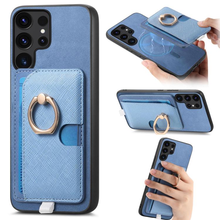 For Samsung Galaxy S24 Ultra 5G Retro Cross Leather Ring Side Insert Card Bag MagSafe Phone Case(Blue) 
For Samsung Galaxy S24 Ultra 5G Retro Cross Leather Ring Side Insert Card Bag MagSafe Phone Case(Blue)