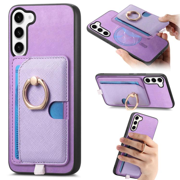 For Samsung Galaxy S23 5G Retro Cross Leather Ring Side Insert Card Bag MagSafe Phone Case(Purple)
For Samsung Galaxy S23 5G Retro Cross Leather Ring Side Insert Card Bag MagSafe Phone Case(Purple)