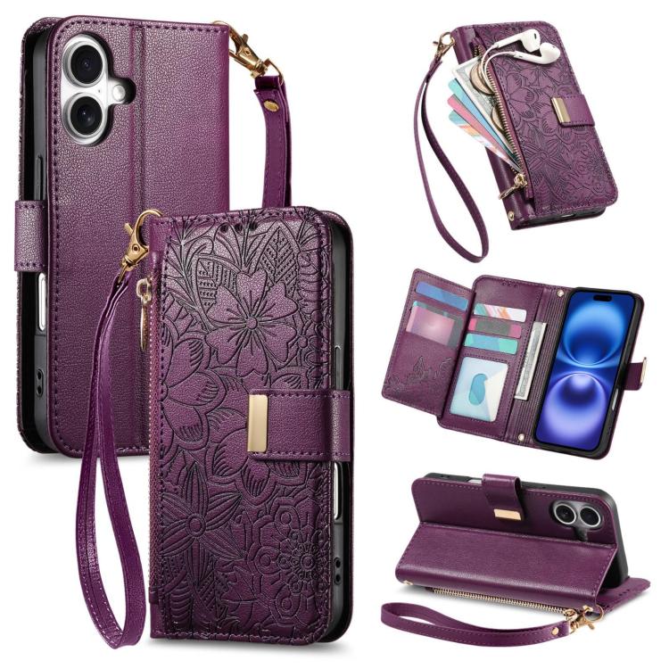 For iPhone 16 Flowers Leaves Zipper Wallet Leather Phone Case with Strap(Purple)
For iPhone 16 Flowers Leaves Zipper Wallet Leather Phone Case with Strap(Purple)