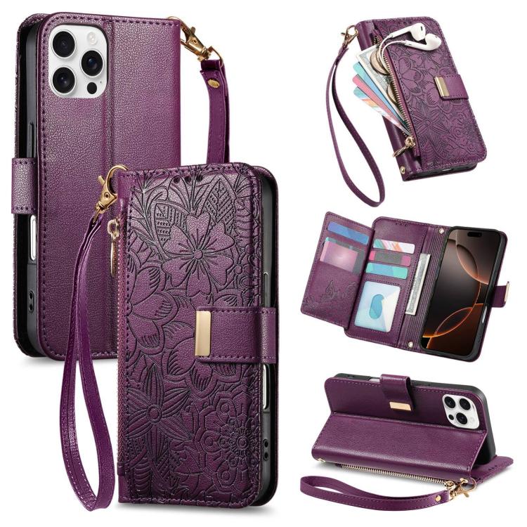 For iPhone 16 Pro Flowers Leaves Zipper Wallet Leather Phone Case with Strap(Purple)
For iPhone 16 Pro Flowers Leaves Zipper Wallet Leather Phone Case with Strap(Purple)