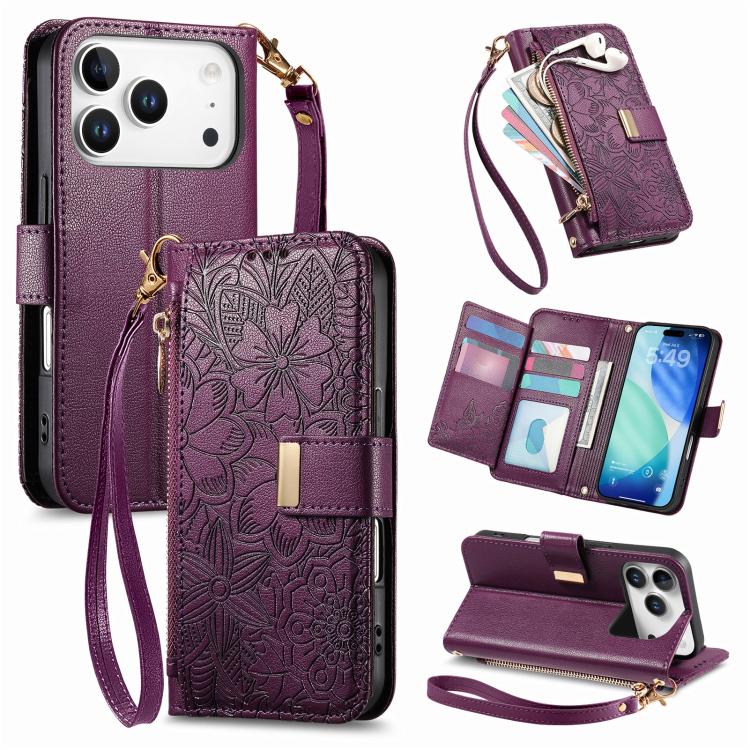 For iPhone 17 Pro Max Flowers Leaves Zipper Wallet Leather Phone Case with Strap(Purple)
For iPhone 17 Pro Max Flowers Leaves Zipper Wallet Leather Phone Case with Strap(Purple)