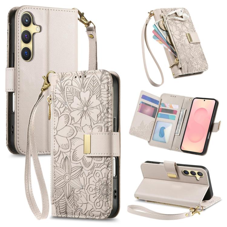 For Samsung Galaxy S25+ 5G Flowers Leaves Zipper Wallet Leather Phone Case with Strap(Khaki)
For Samsung Galaxy S25+ 5G Flowers Leaves Zipper Wallet Leather Phone Case with Strap(Khaki)