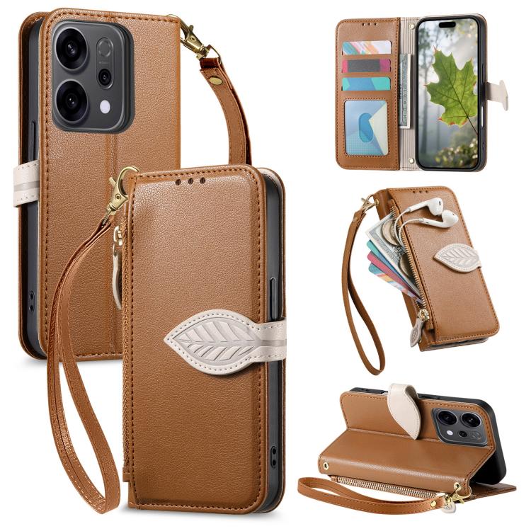 For OPPO Reno14 Pro 5G Global Leaf Buckle Zipper Wallet Leather Phone Case with Strap(Brown)
For OPPO Reno14 Pro 5G Global Leaf Buckle Zipper Wallet Leather Phone Case with Strap(Brown)