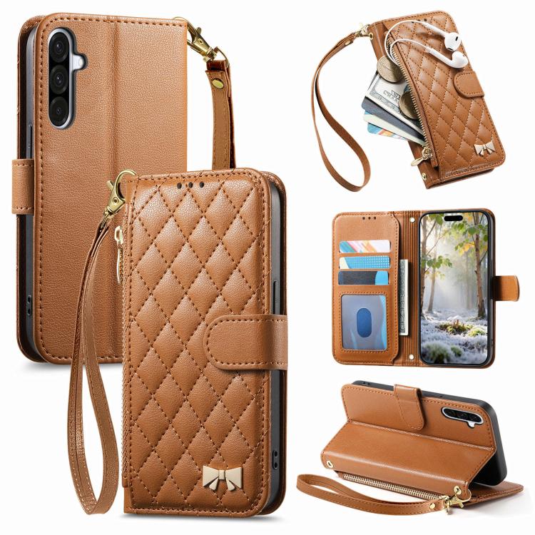 For Samsung Galaxy A57 5G Rhombic Texture Zipper Wallet Metal Bow-knot Vegan Leather Phone Case with Strap(Brown)
For Samsung Galaxy A57 5G Rhombic Texture Zipper Wallet Metal Bow-knot Vegan Leather Phone Case with Strap(Brown)