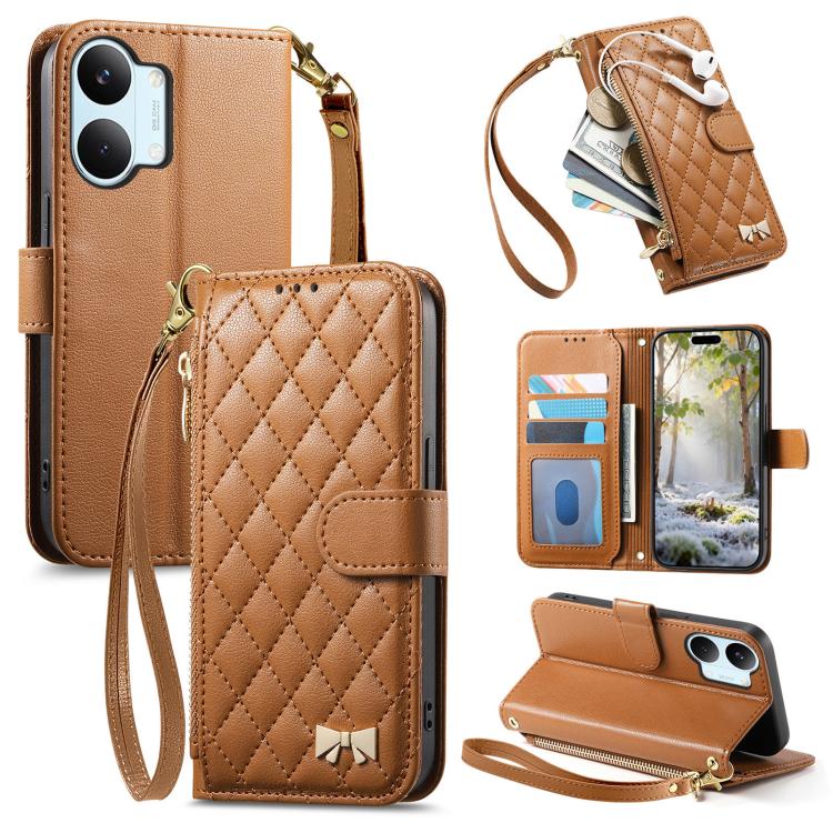 For Xiaomi Poco X8 Pro Max 5G Rhombic Texture Zipper Wallet Metal Bow-knot Vegan Leather Phone Case with Strap(Brown)
For Xiaomi Poco X8 Pro Max 5G Rhombic Texture Zipper Wallet Metal Bow-knot Vegan Leather Phone Case with Strap(Brown)