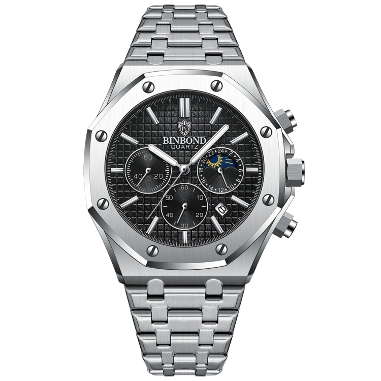 BINBOND B0161 Multifunctional Luminous Waterproof Business Quartz Watch, Color: White Steel-Black
BINBOND B0161 Multifunctional Luminous Waterproof Business Quartz Watch, Color: White Steel-Black