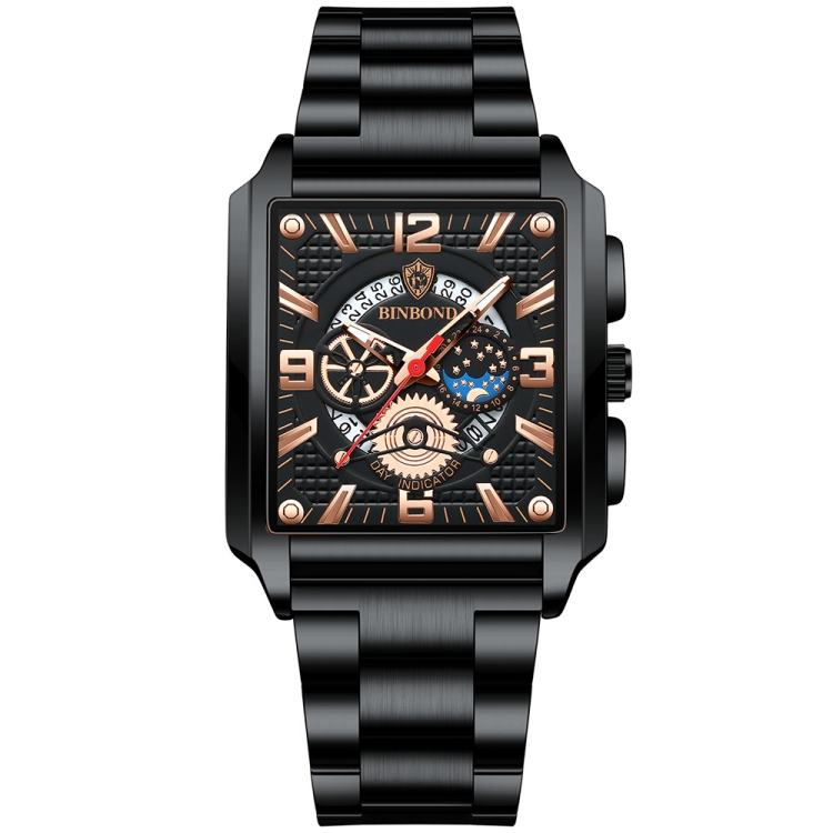 BINBOND B6575 Men Vintage Square Multifunctional Luminous Quartz Watch, Color: Black-Black-Black-Rose
BINBOND B6575 Men Vintage Square Multifunctional Luminous Quartz Watch, Color: Black-Black-Black-Rose
