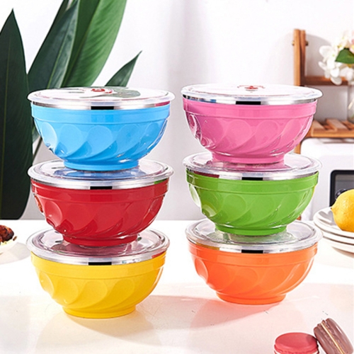 

6sets 17cm Double-layer Stainless Steel Bowl With Lid Children Dinner Insulated Rice Bowl(6 Colors Matching)