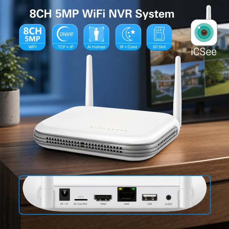 8CH Wireless NVR System For Security Cameras 5MP/3MP WiFi Network Video Recorder Support 2.5-Inch HDD & TF Card US Plug
8CH Wireless NVR System For Security Cameras 5MP/3MP WiFi Network Video Recorder Support 2.5-Inch HDD & TF Card US Plug