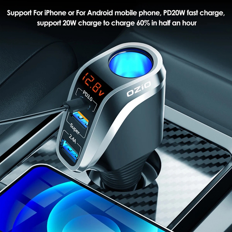 Ozio DY48TC 188W Type-C + USB Dual Port Multi-function Car Charger with Cigarette Lighter (Silver)