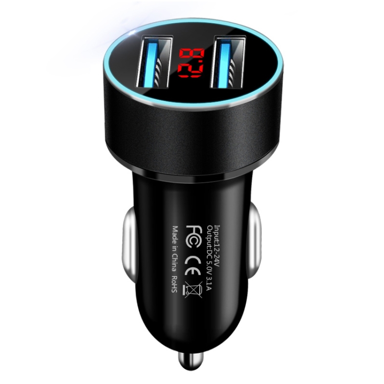 JMG-C016A 5V 3.1A Car Dual USB Charger with LED Display(Black)
