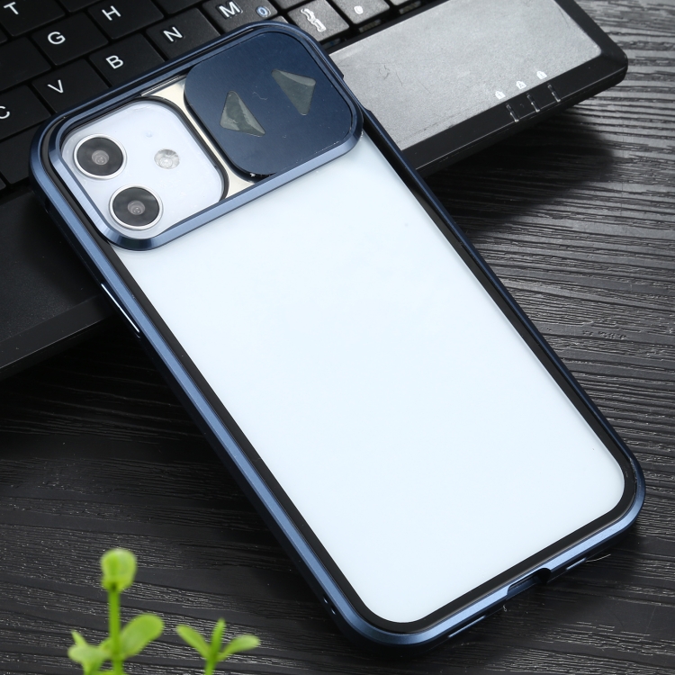 For iPhone 12 / 12 Pro Sliding Lens Cover Mirror Design Four-corner Shockproof Magnetic Metal Frame Double-sided Tempered Glass Case(Blue)