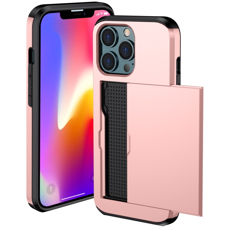 For iPhone 13 Pro Shockproof Armor Protective Case with Slide Card Slot (Rose Gold)