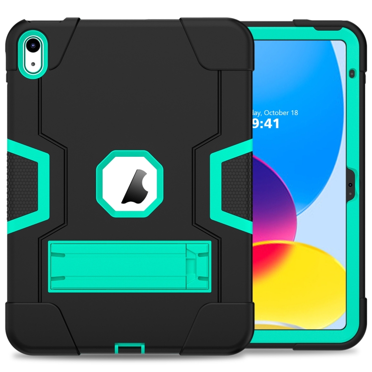 For iPad 2025 / 2022 Contrast Color Silicone + PC Tablet Case with Holder(Black Mint Green)