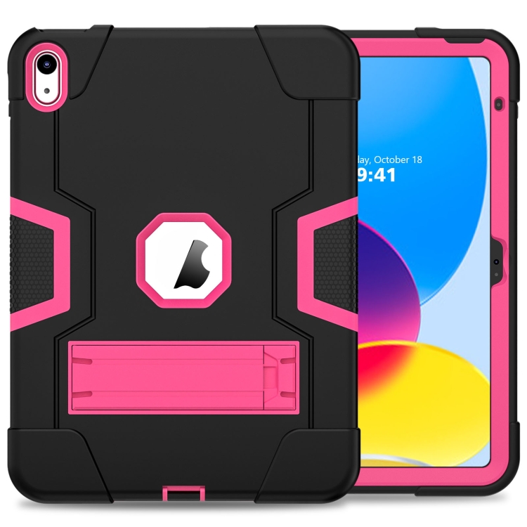 For iPad 2025 / 2022 Contrast Color Silicone + PC Tablet Case with Holder(Black Rose Red)