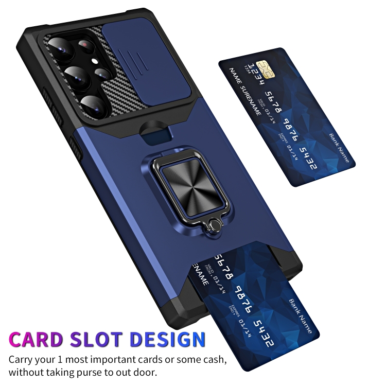 For Samsung Galaxy S23 Ultra 5G Sliding Camshield Phone Case with Ring Holder & Card Slot(Blue)