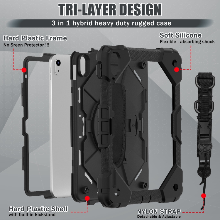 For iPad 2025 / 2022 Contrast Color Robot Shockproof Silicon + PC Tablet Protective Case with Crossbody Rope(Black)