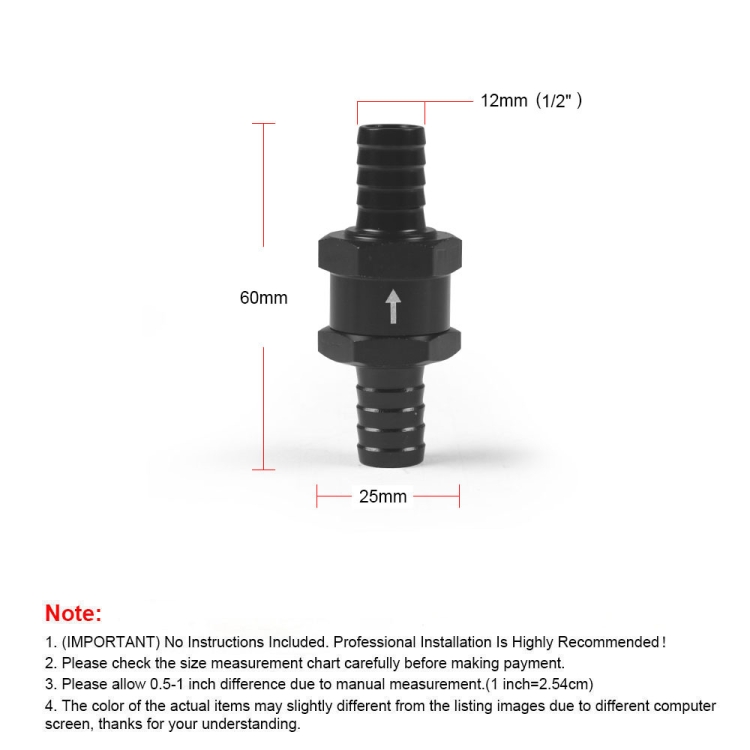 12mm Car  Aluminium Alloy Fuel Petrol One Way Non Return Check Valve