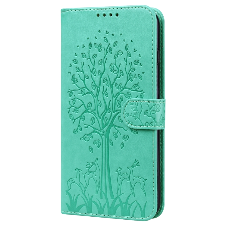 For Samsung Galaxy A54 5G Tree & Deer Pattern Pressed Printing Horizontal Flip Leather Phone Case(Green)