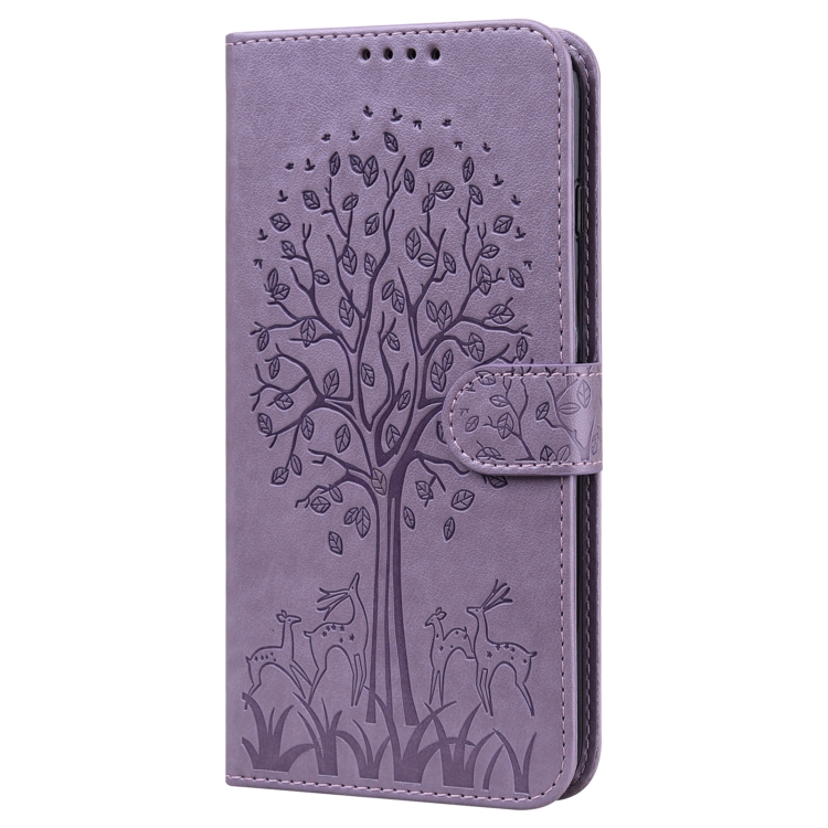 For Samsung Galaxy A54 5G Tree & Deer Pattern Pressed Printing Horizontal Flip Leather Phone Case(Purple)