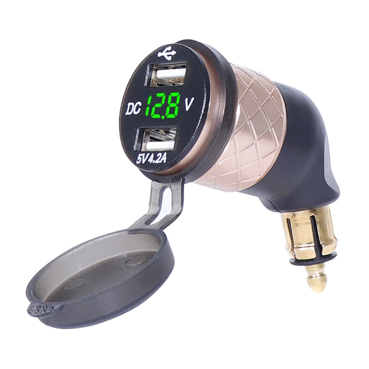 German EU Plug Special Motorcycle Elbow Charger Dual USB Voltmeter 4.2A Charger, Shell Color:Gold(Green Light)