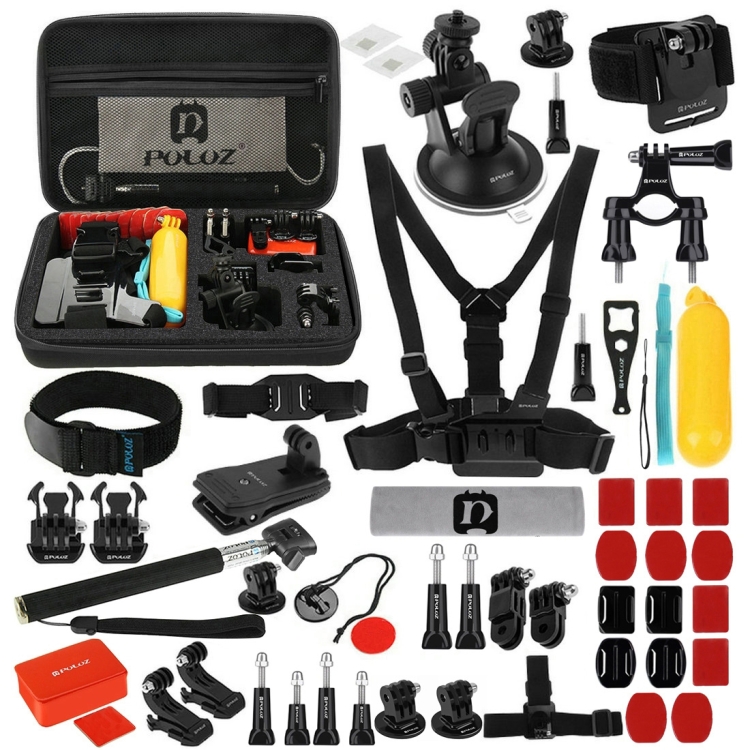 PULUZ 53 in 1 Accessories Total Ultimate Combo Kits with EVA Case (Chest Strap + Suction Cup Mount + 3-Way Pivot Arms + J-Hook Buckle + Wrist Strap + Helmet Strap + Extendable Monopod + Surfa