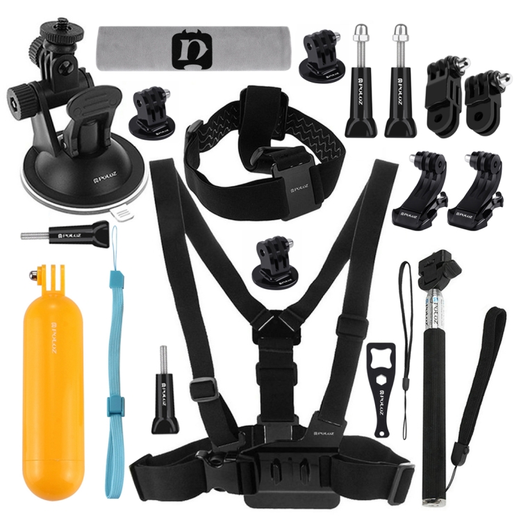 PULUZ 20 in 1 Accessories Combo Kits (Chest Strap + Head Strap + Suction Cup Mount + 3-Way Pivot Arm + J-Hook Buckles + Extendable Monopod + Tripod Adapter + Bobber Hand Grip + Storage Bag + 