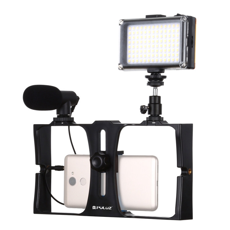 PULUZ 3 in 1 Vlogging Live Broadcast LED Selfie Light Smartphone Video Rig Kits with Microphone + Cold Shoe Tripod Head for iPhone, Galaxy, Huawei, Xiaomi, HTC, LG, Google, and Other Smartpho